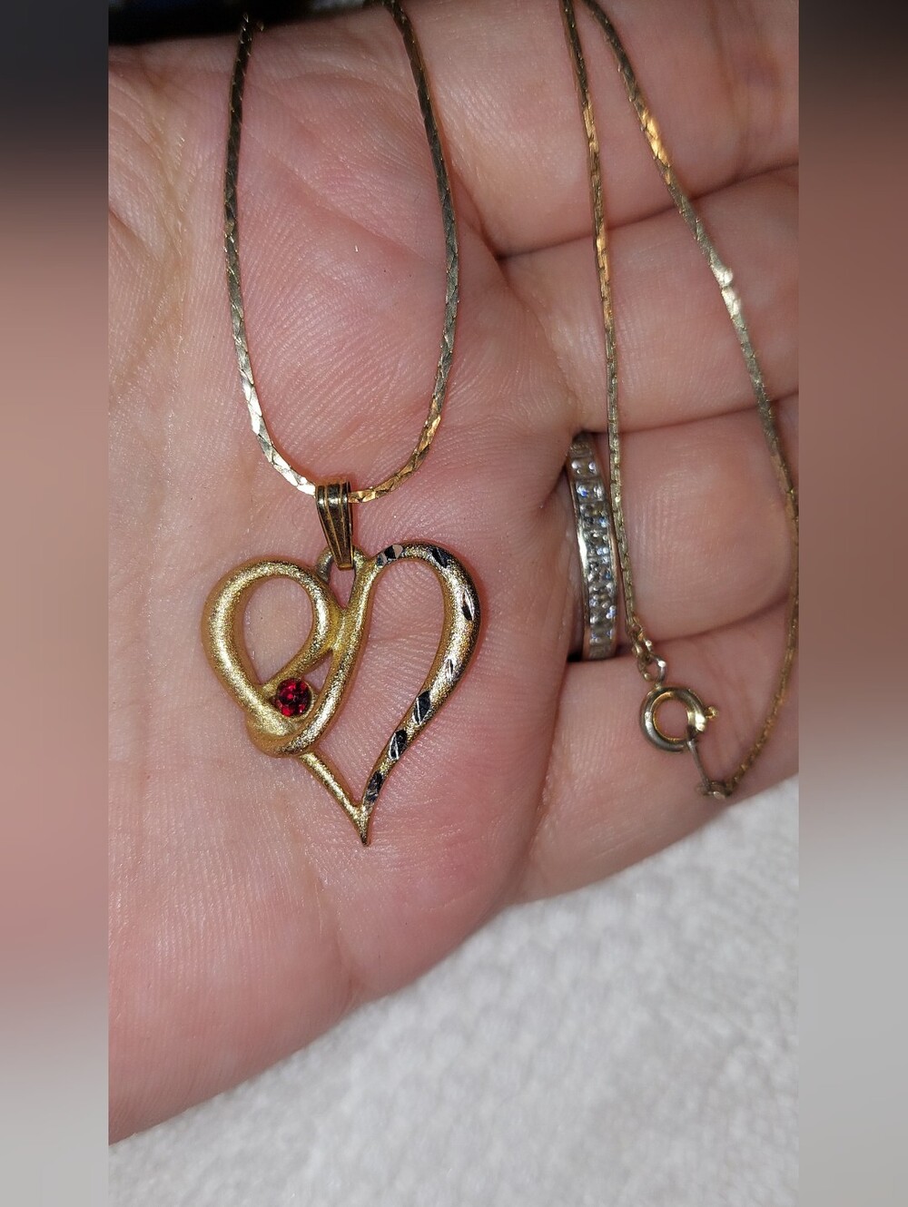 Goldtone Heart Pendant Necklace with Red Gemstone